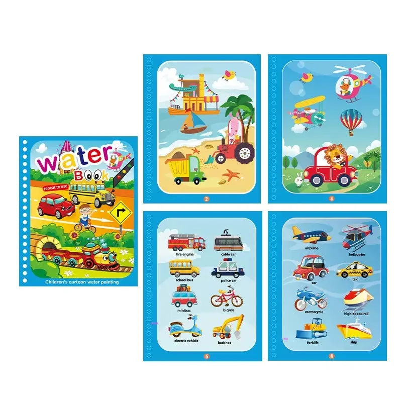 Vehicles theme water drawing book pages