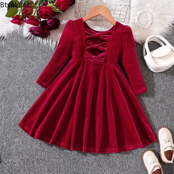 Girls' Velvet Bow Party Dress — Long Sleeve | 1-6Y
