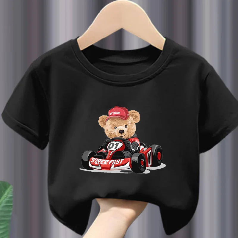 Teddy bear print cotton t-shirt, kids summer casual tee - Kindle Kids ABC