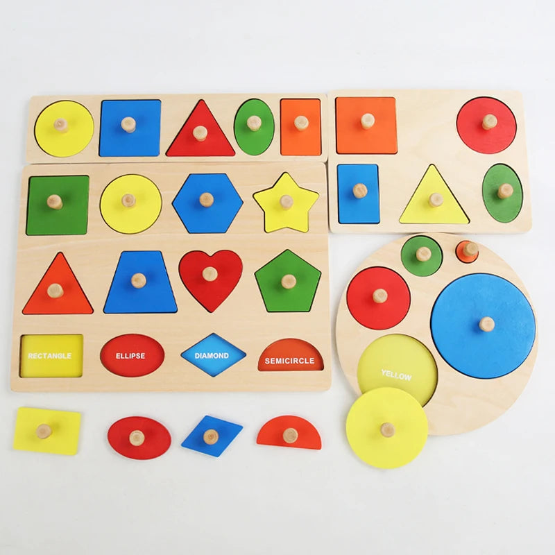 Colourful wooden geometric shape pieces laid out