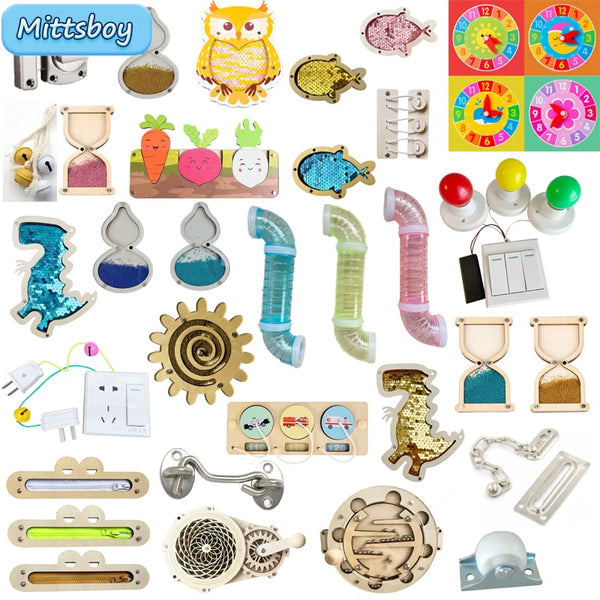DIY Montessori busy board kit with latches and rollers for toddlers