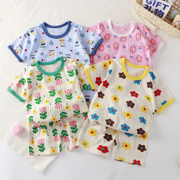 Kids summer tee and shorts cartoon print cotton set, ages 6M-5Y