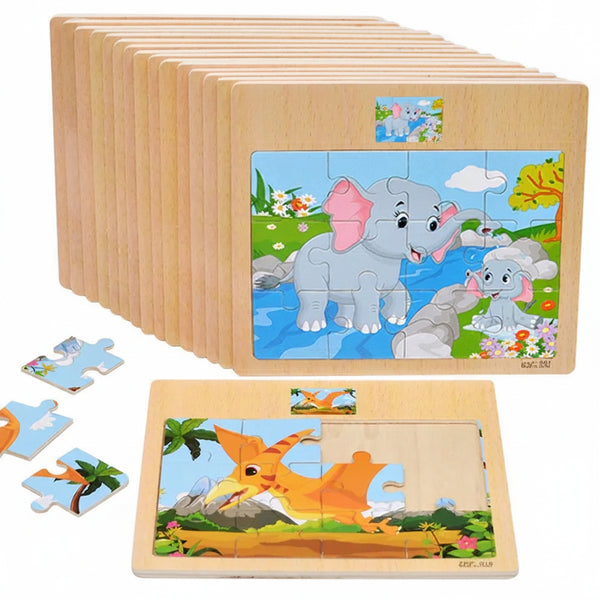 Wooden chunky puzzle with animals and vehicles for toddlers